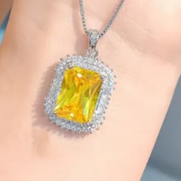 Elegant Rectangle Yellow & White Cubic Zirconia Pendant Statement Necklace - Picture 3 of 5